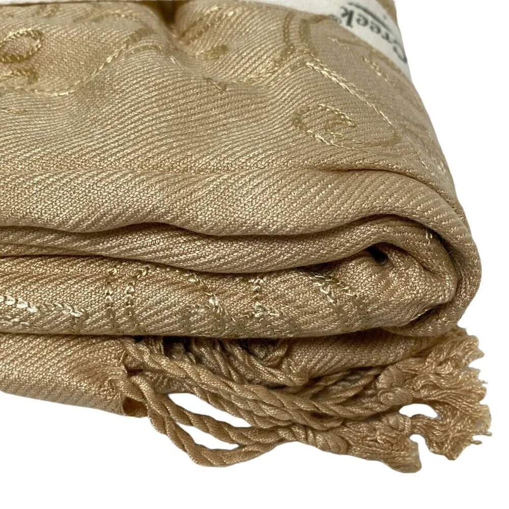 Coldwater Creek Luxury Throw Tan Empress Embroidered with Fringe NEW